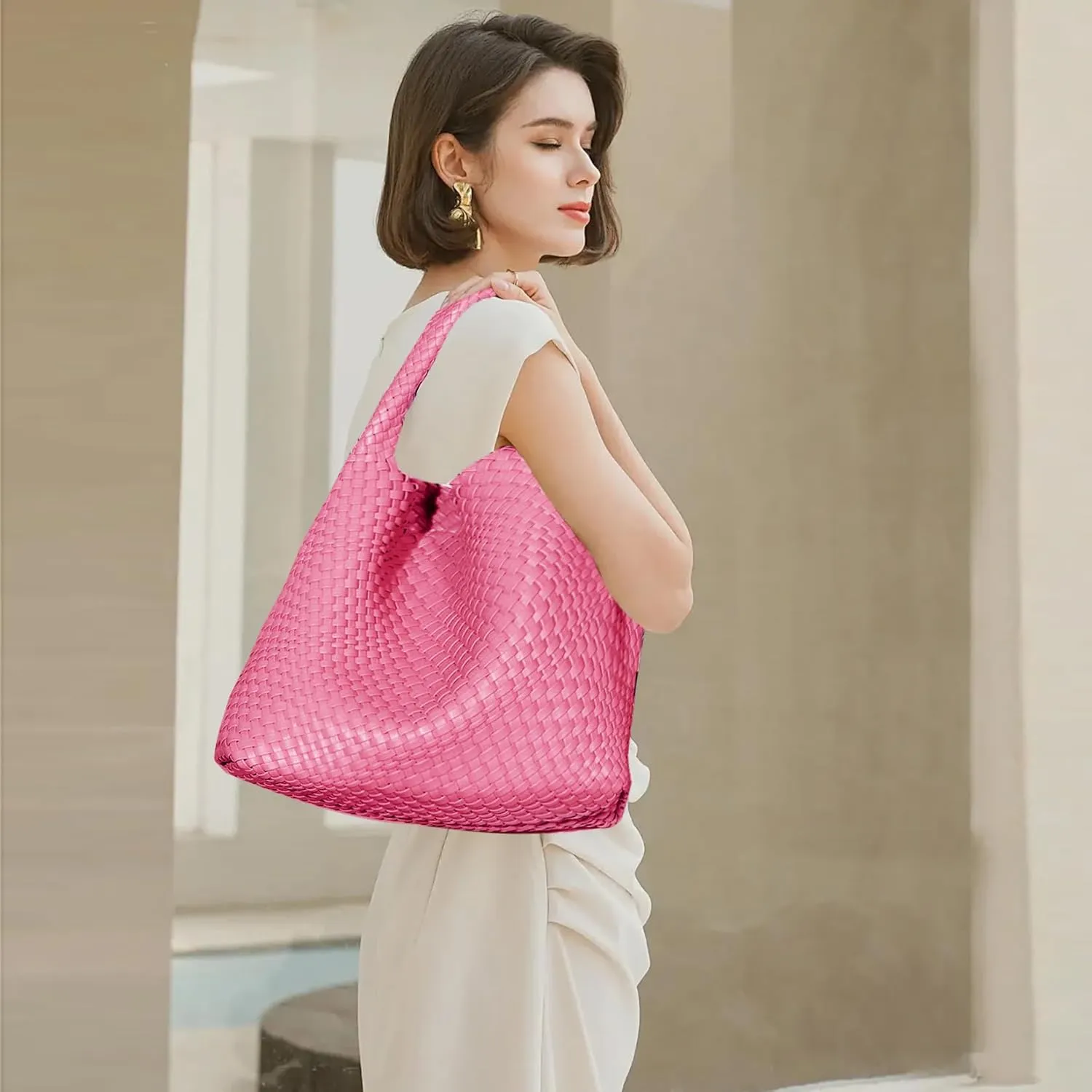 Women Vegan Leather Hand-Woven Tote Handbag Fashion Shoulder Top-handle Bag All-Match Underarm Bag with Purse