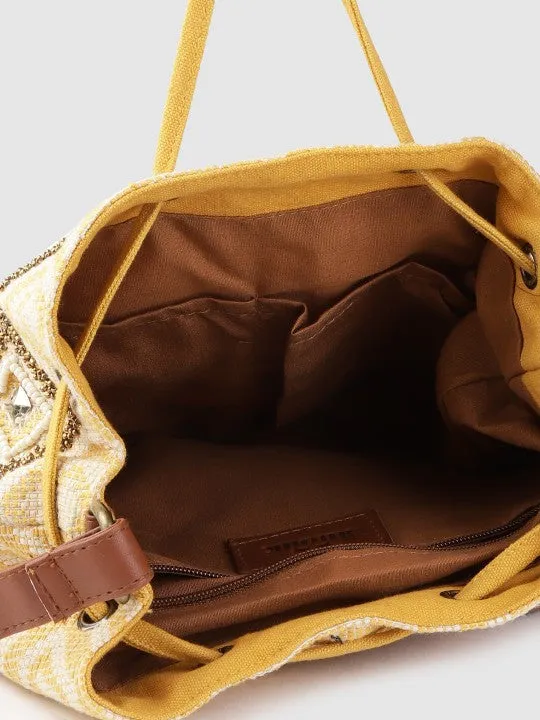 Women Yellow & Off-White Embellished Sling Bag
