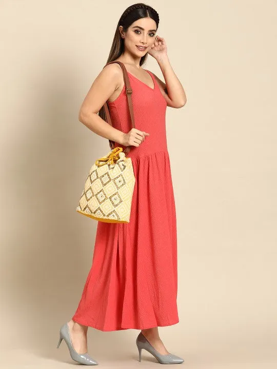 Women Yellow & Off-White Embellished Sling Bag