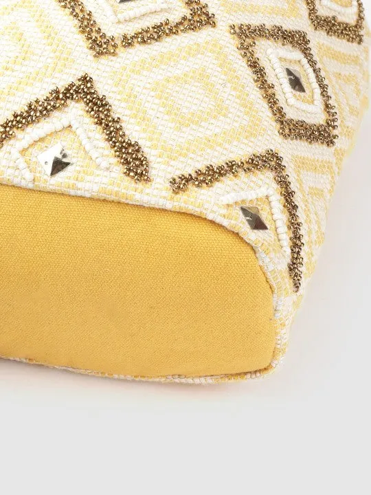Women Yellow & Off-White Embellished Sling Bag