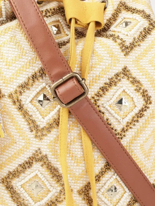 Women Yellow & Off-White Embellished Sling Bag