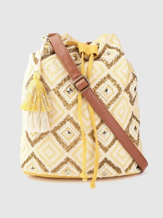 Women Yellow & Off-White Embellished Sling Bag