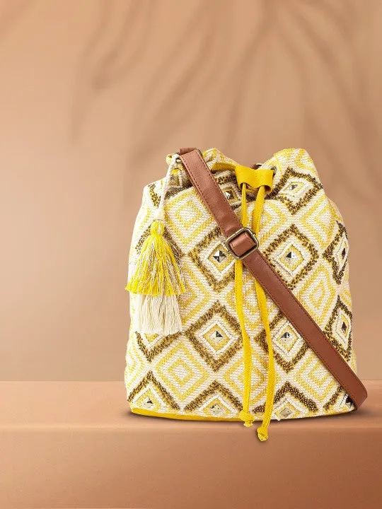 Women Yellow & Off-White Embellished Sling Bag