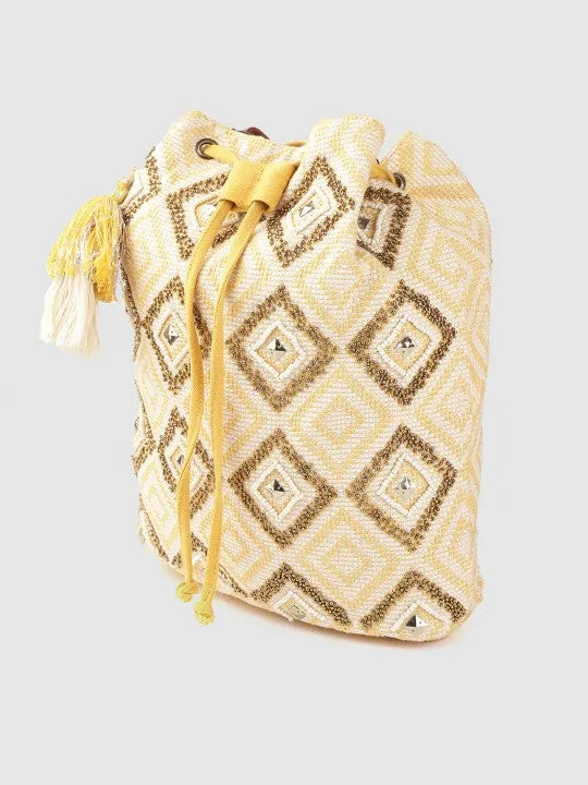 Women Yellow & Off-White Embellished Sling Bag