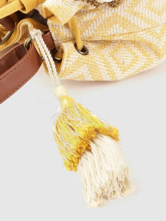 Women Yellow & Off-White Embellished Sling Bag