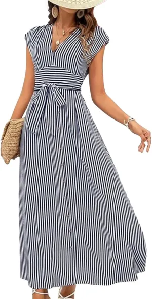 Women's 2025 Summer V-Neck Short Sleeve Maxi Dresses Striped A Line High Waisted Flowy Gathering Shift Dress with Belt