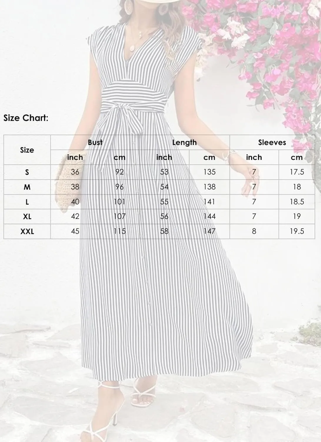 Women's 2025 Summer V-Neck Short Sleeve Maxi Dresses Striped A Line High Waisted Flowy Gathering Shift Dress with Belt