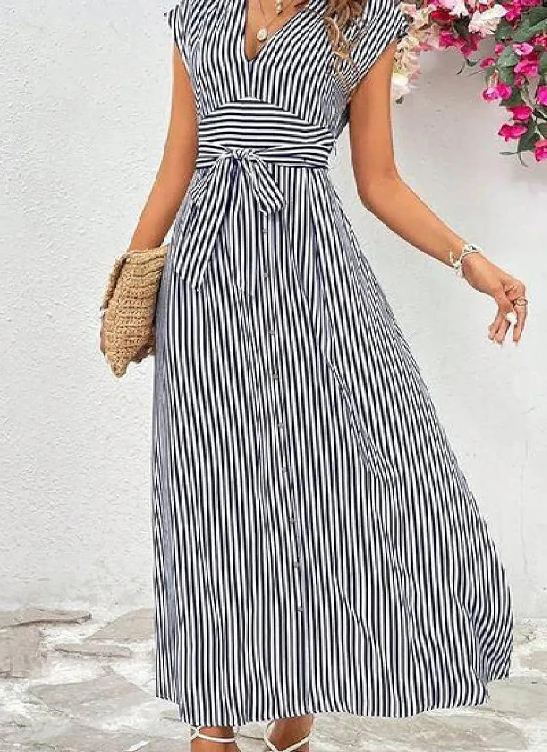 Women's 2025 Summer V-Neck Short Sleeve Maxi Dresses Striped A Line High Waisted Flowy Gathering Shift Dress with Belt