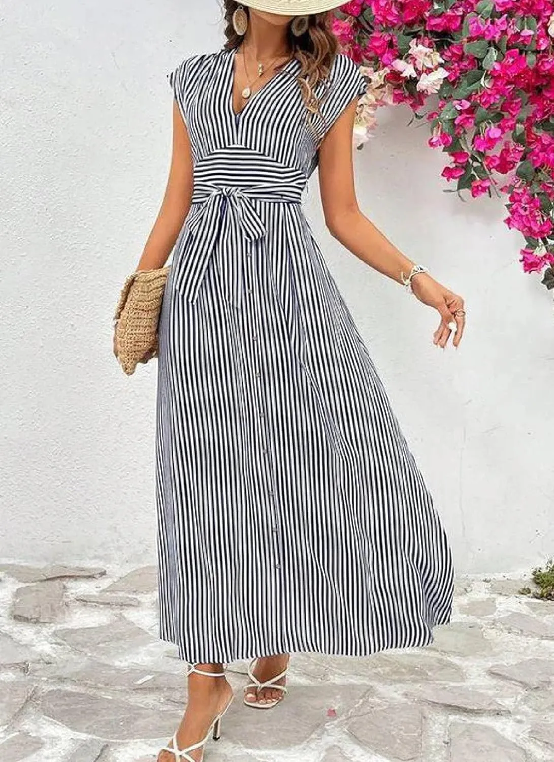 Women's 2025 Summer V-Neck Short Sleeve Maxi Dresses Striped A Line High Waisted Flowy Gathering Shift Dress with Belt