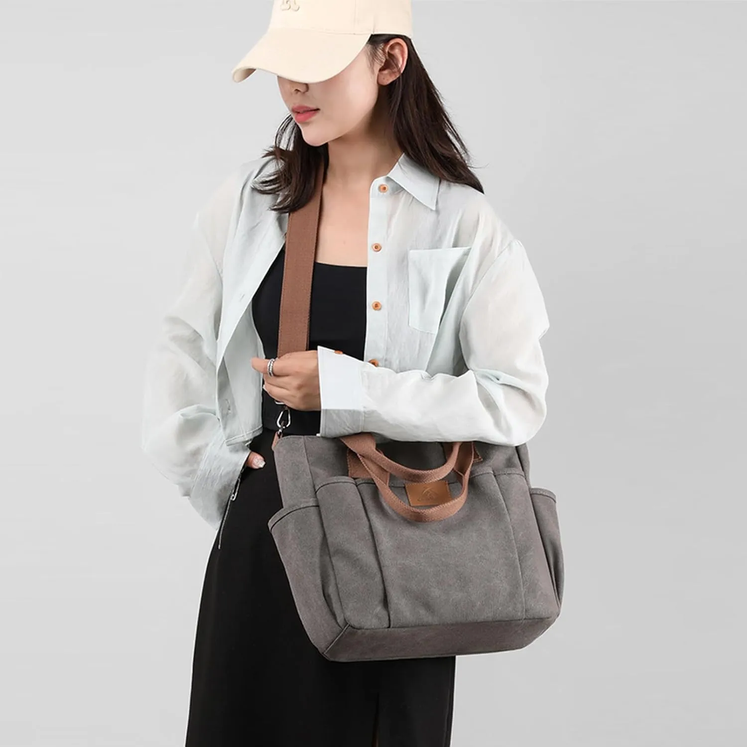 Women's Canvas Tote Bag Lightweight Work Handbag Travel Crossbody Purse with Water Bottle Pocket