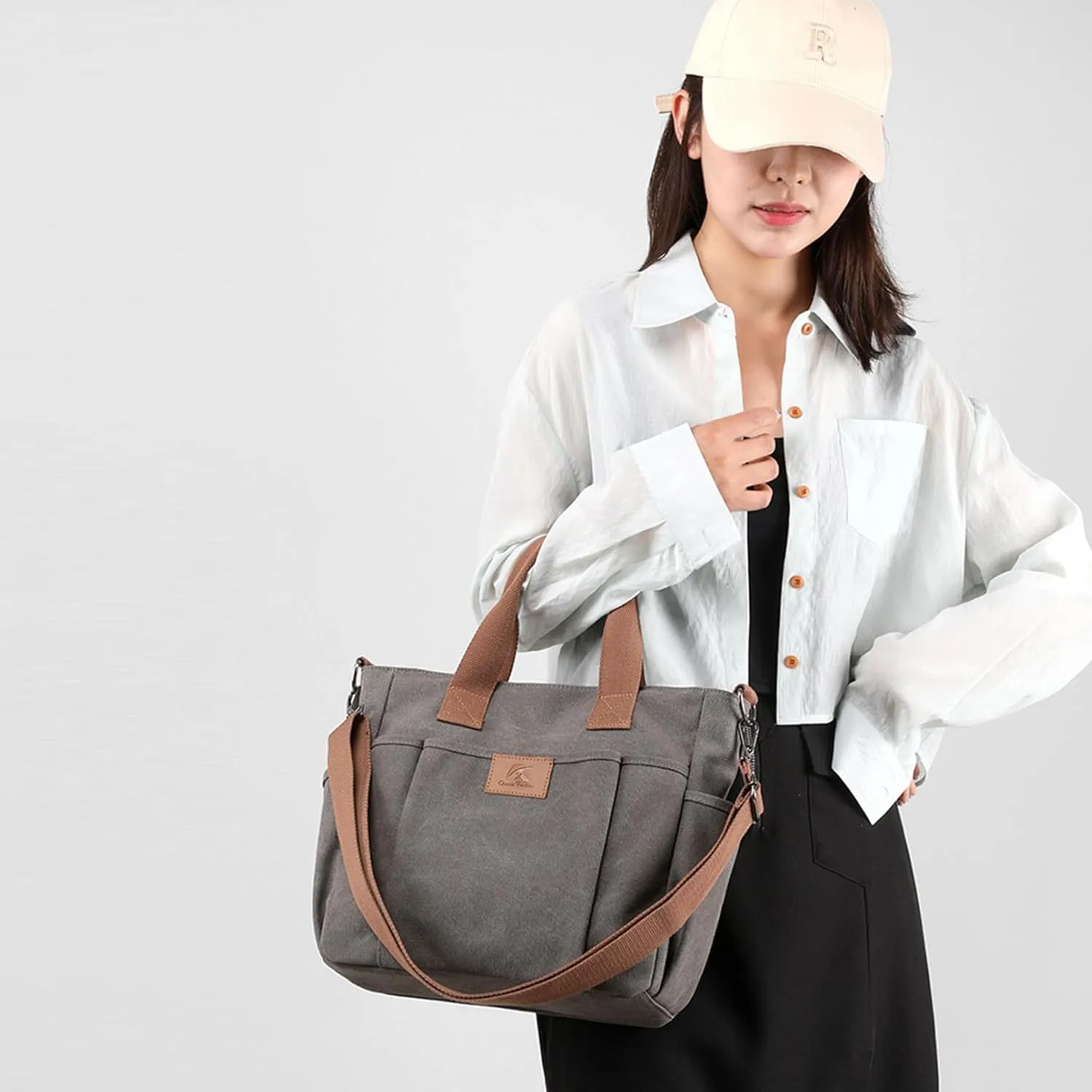 Women's Canvas Tote Bag Lightweight Work Handbag Travel Crossbody Purse with Water Bottle Pocket
