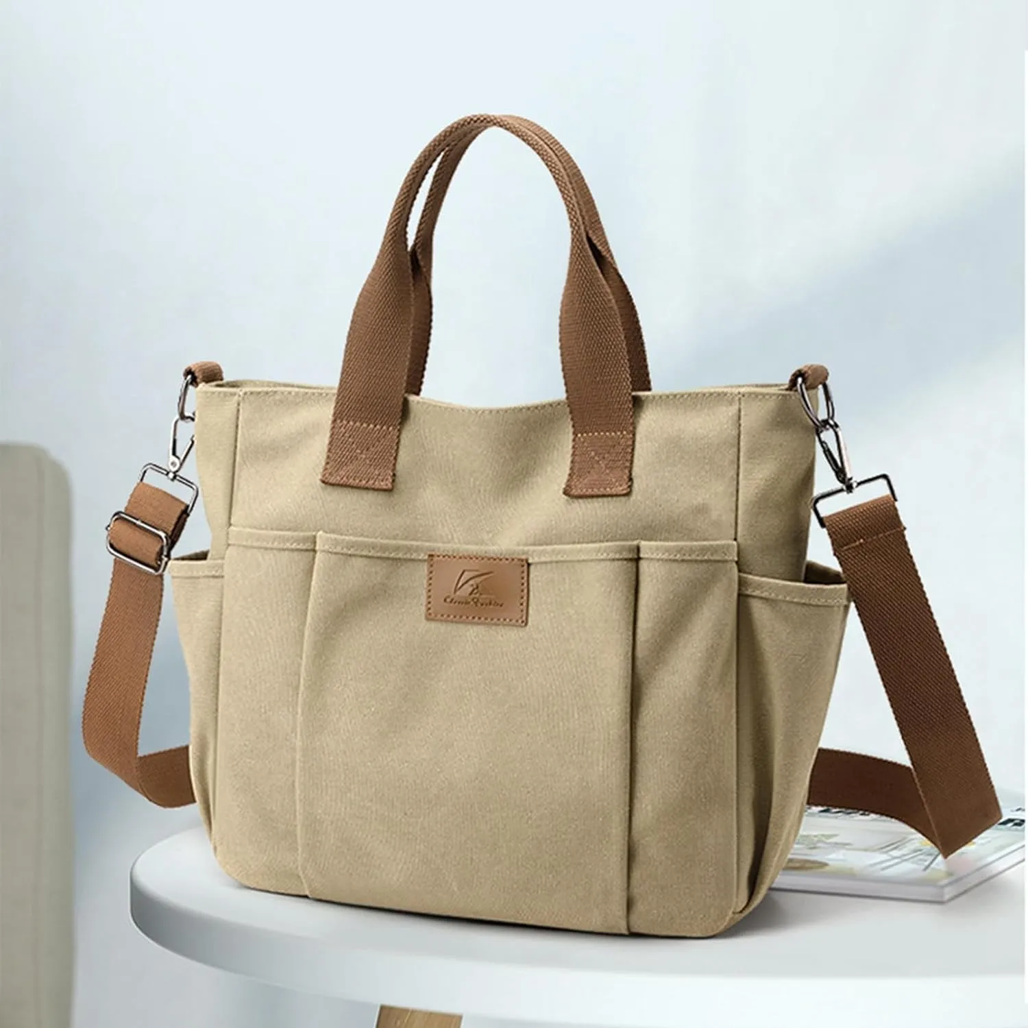 Women's Canvas Tote Bag Lightweight Work Handbag Travel Crossbody Purse with Water Bottle Pocket
