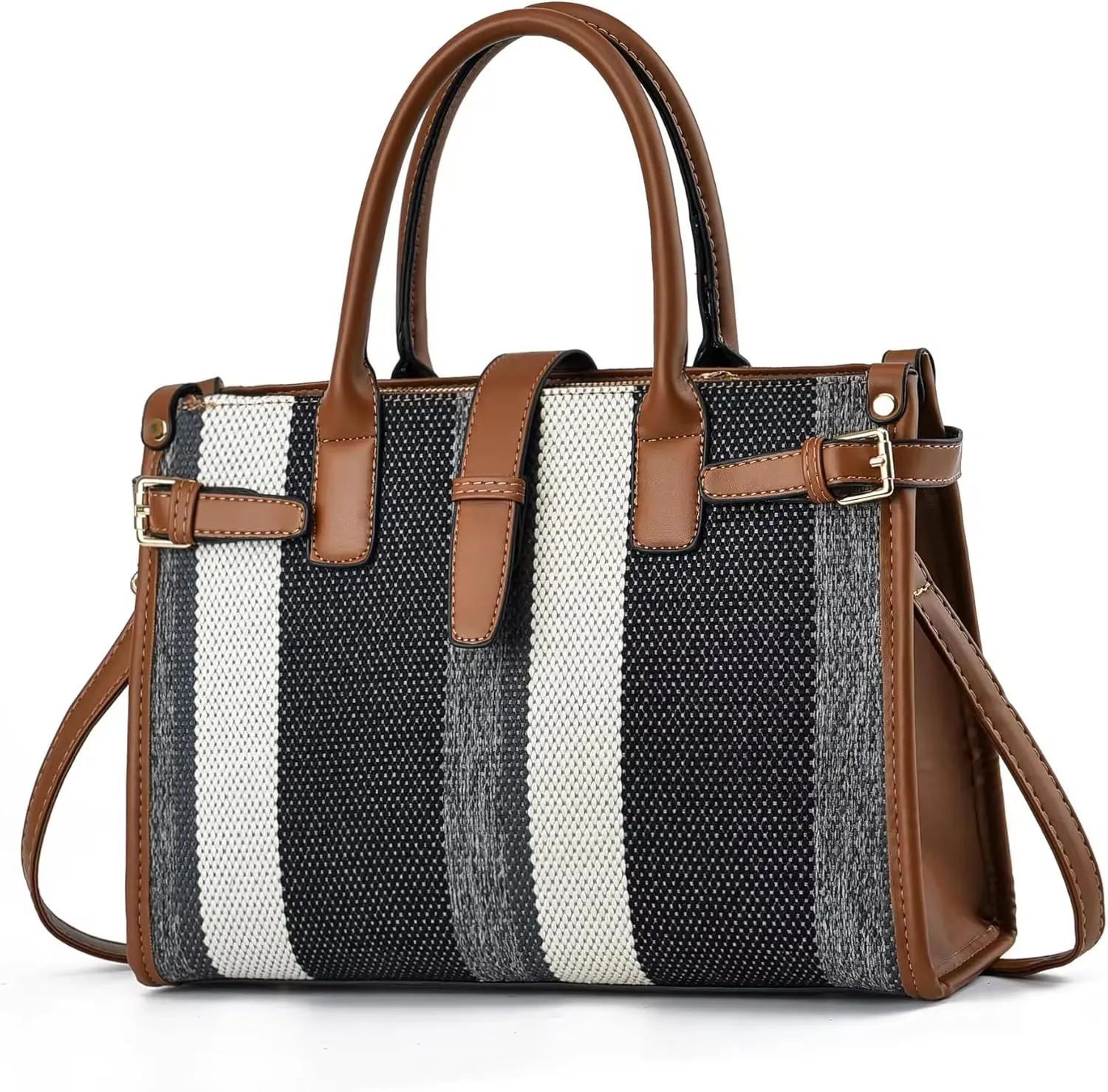 Women's Canvas Tote Bag with Brown and White Striped Design, Casual Handbag Large Canvas Tote Bag for Women - Multiple Colors