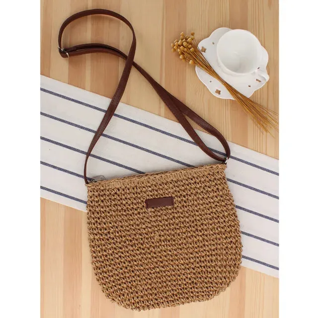 Women's casual straw knitted shoulder bag with inside zipper pocket