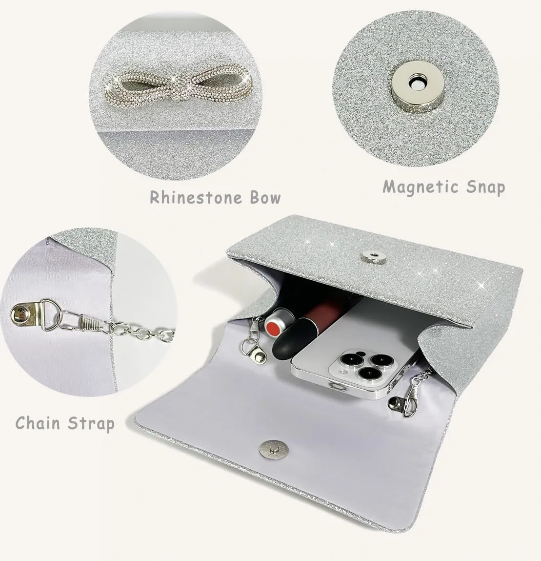 Womens Evening Bag Sparkly Bow Clutch Purse Wedding Party Purses Glitter Rhinestone Cocktail Prom Handbags