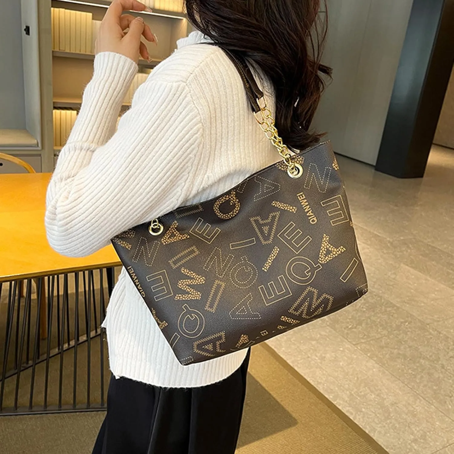 Women's Fall Winter Shoulder Bag PU Letter Print Large Capacity Waterproof High Load-bearing Durable Handbag