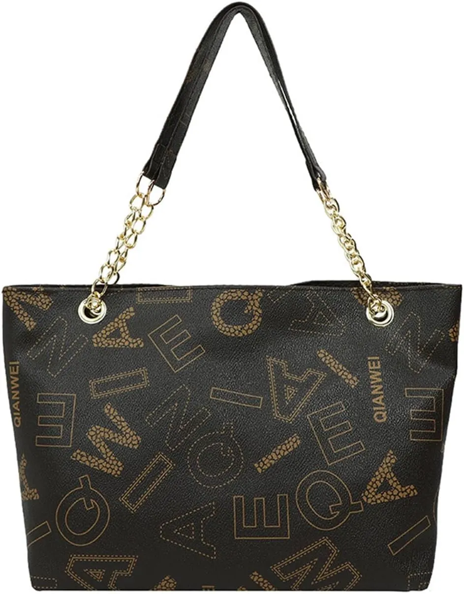 Women's Fall Winter Shoulder Bag PU Letter Print Large Capacity Waterproof High Load-bearing Durable Handbag