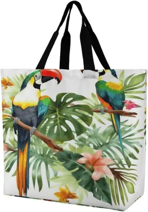 Women's Large-capacity Shoulder Shopping Bag Reusable Foldable Shopping Bags Toucans Parrot Palm Tree Leaves Beach Bag