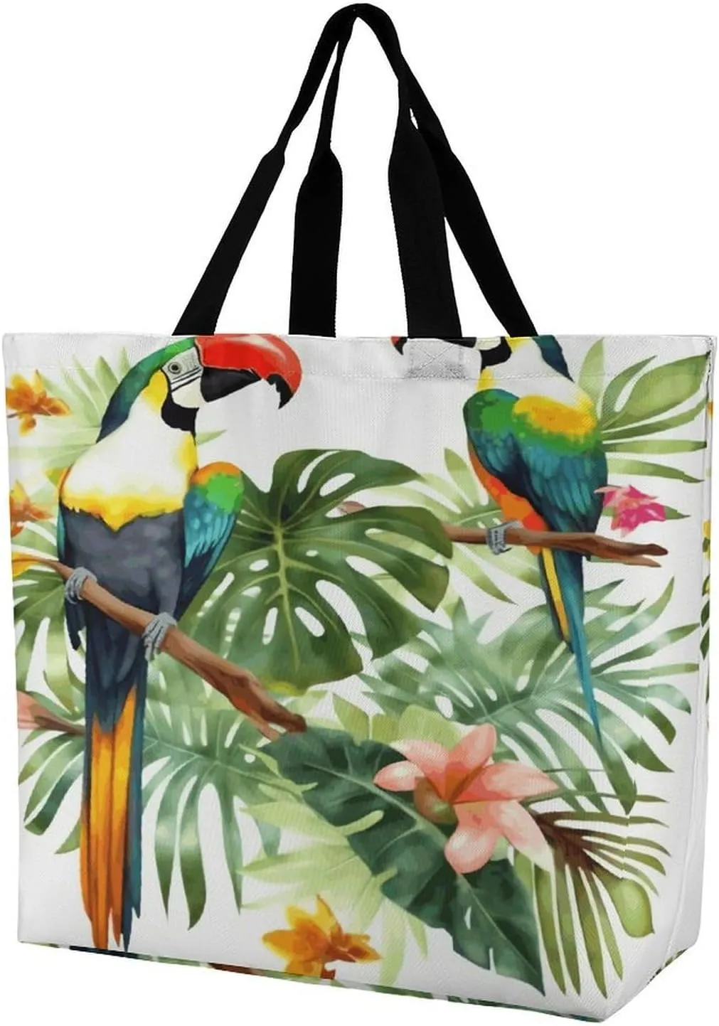 Women's Large-capacity Shoulder Shopping Bag Reusable Foldable Shopping Bags Toucans Parrot Palm Tree Leaves Beach Bag