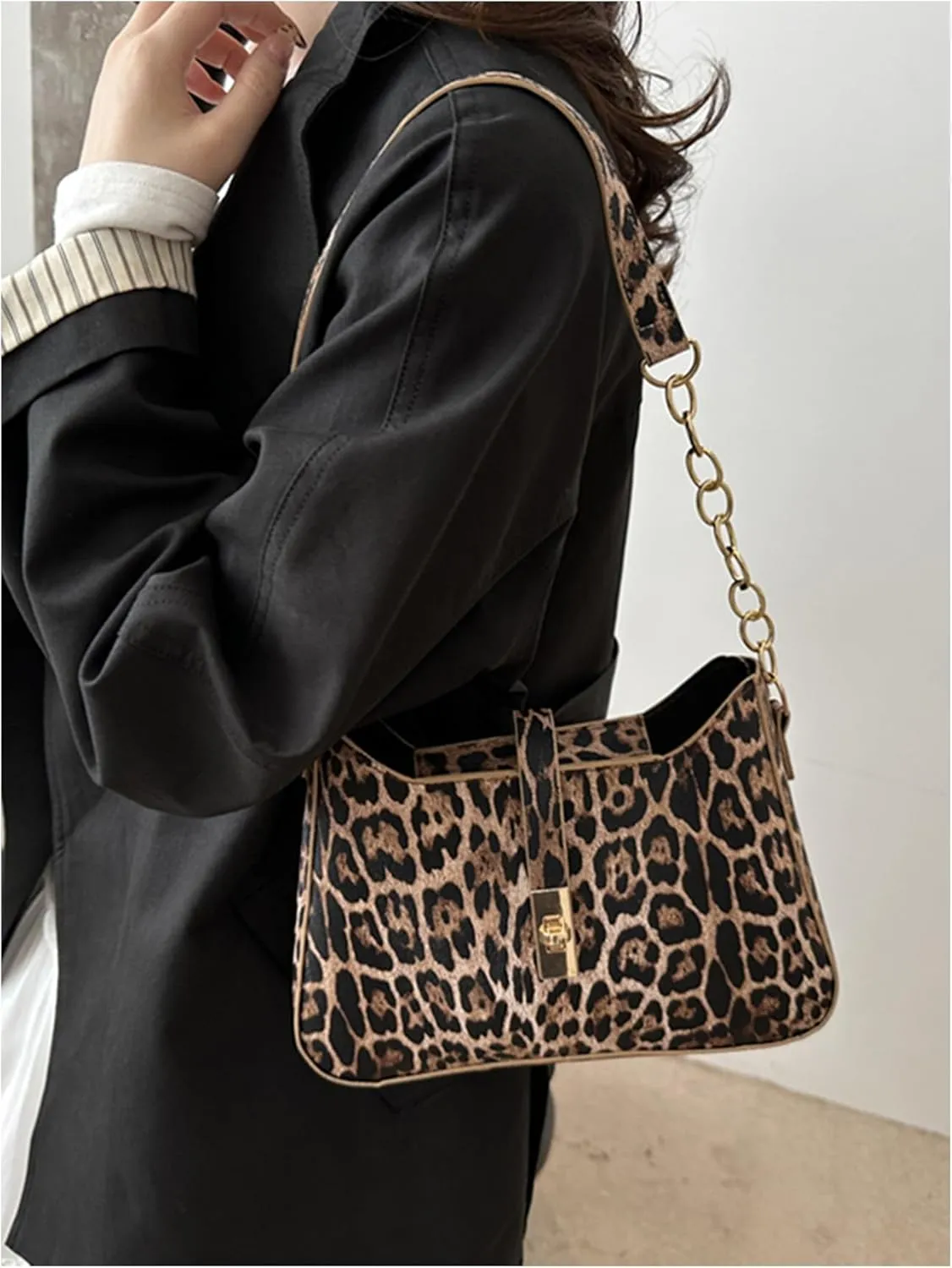 Women's Leopard Print Square Shoulder Handbags Chain Strap Turn Lock Underarm Hobo Bags Y2K Purse