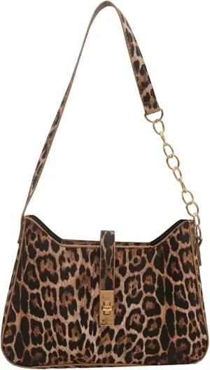 Women's Leopard Print Square Shoulder Handbags Chain Strap Turn Lock Underarm Hobo Bags Y2K Purse