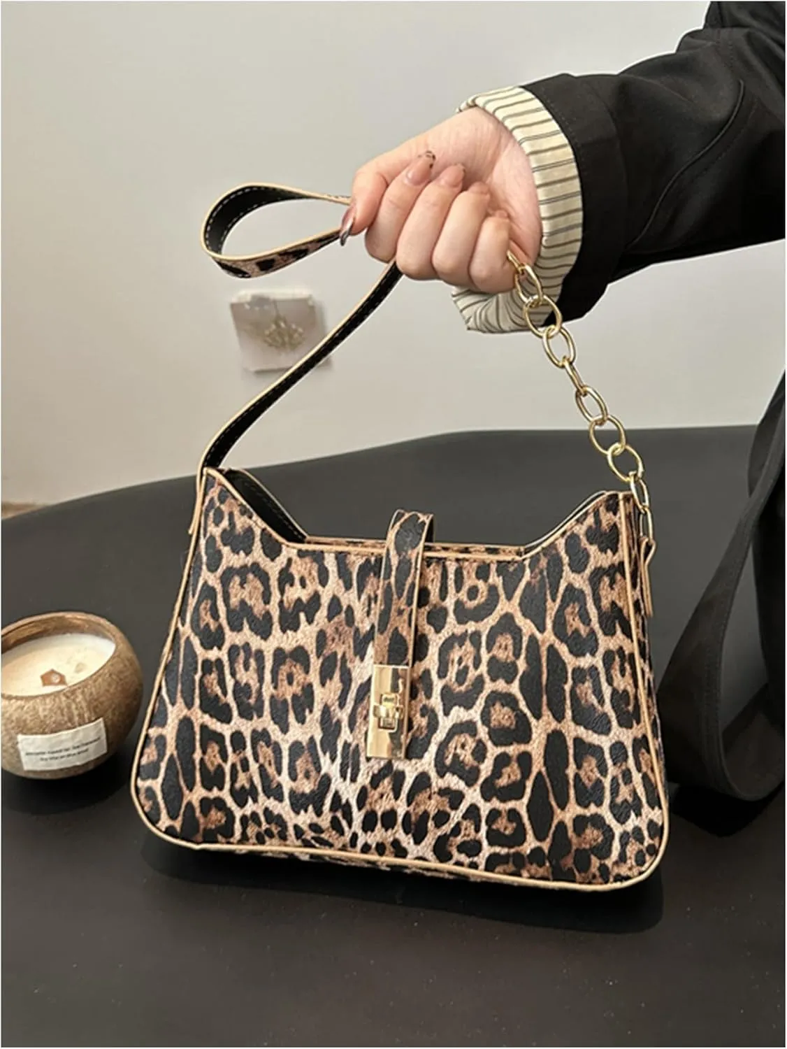 Women's Leopard Print Square Shoulder Handbags Chain Strap Turn Lock Underarm Hobo Bags Y2K Purse