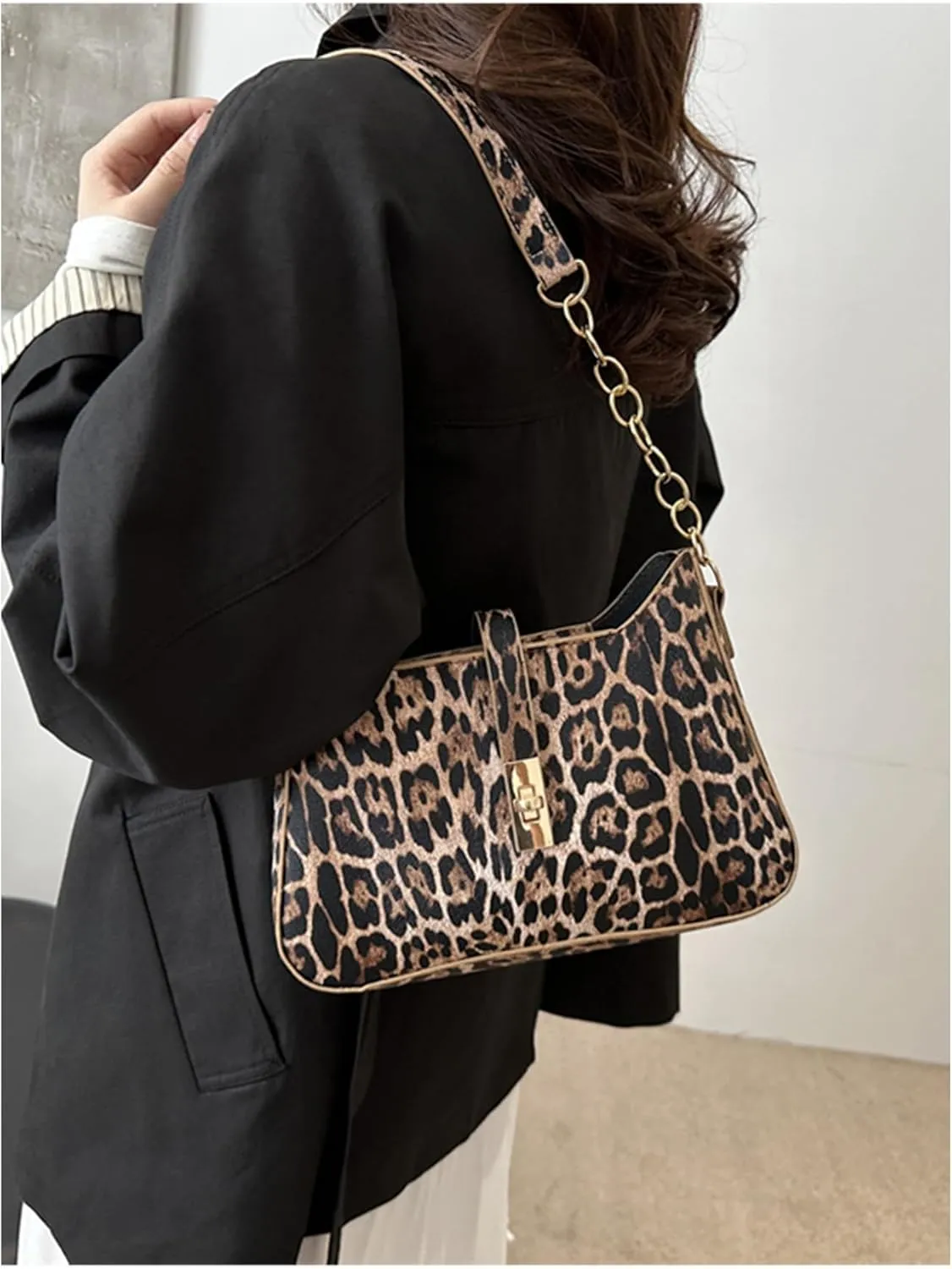 Women's Leopard Print Square Shoulder Handbags Chain Strap Turn Lock Underarm Hobo Bags Y2K Purse