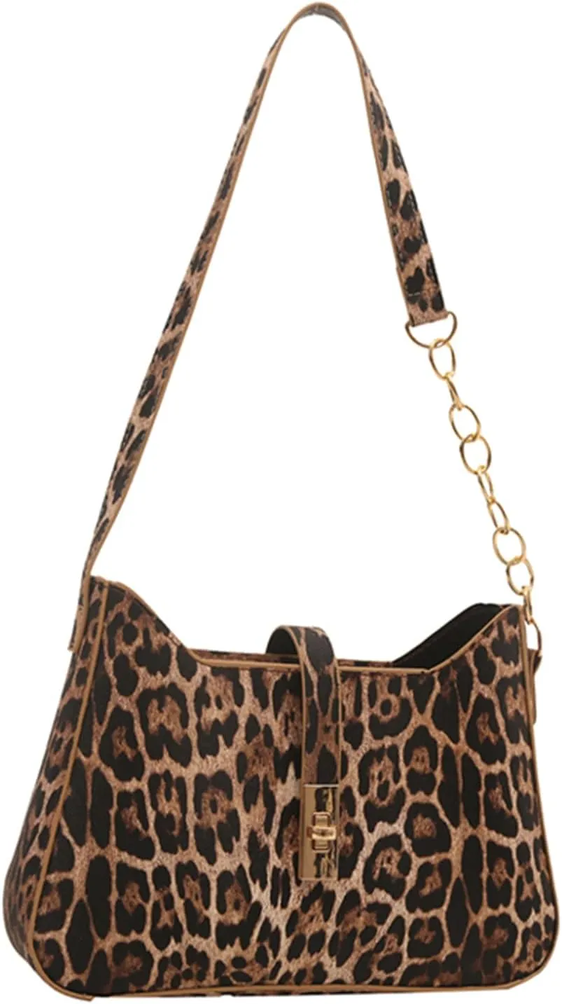 Women's Leopard Print Square Shoulder Handbags Chain Strap Turn Lock Underarm Hobo Bags Y2K Purse