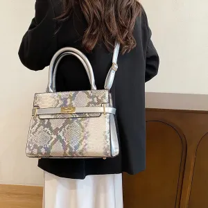 Women's Medium Pu Leather Stone Pattern Snakeskin Streetwear Trapezoid Lock clasp Shoulder Bag Handbag