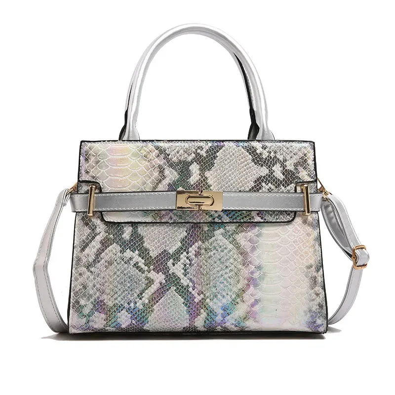 Women's Medium Pu Leather Stone Pattern Snakeskin Streetwear Trapezoid Lock clasp Shoulder Bag Handbag