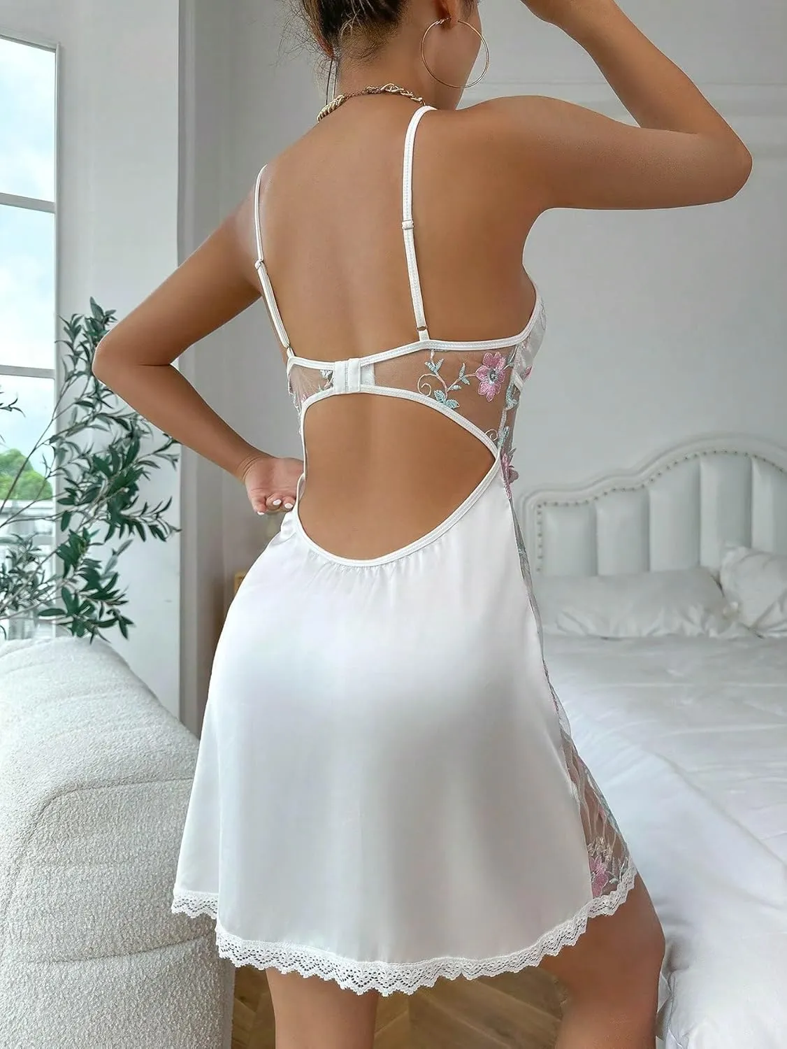 Women's Mesh Floral Embroidery Lace Trim Sheer Chemise Sleep Dresses Babydoll Nightgown Satin Slip Dress