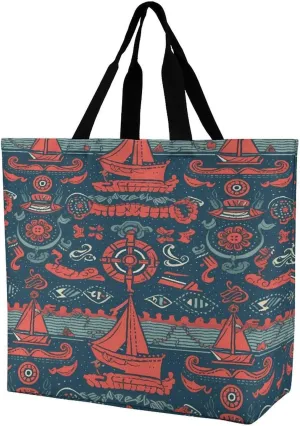 Women's Multi-Functional Shopping Bag，Sailboat Pattern Printing Messenger Bag Shoulder Bag for Travel, Work, Shopping & Parties with Inner Pocket, Grocery Bag Lightweight & Water-Resistant