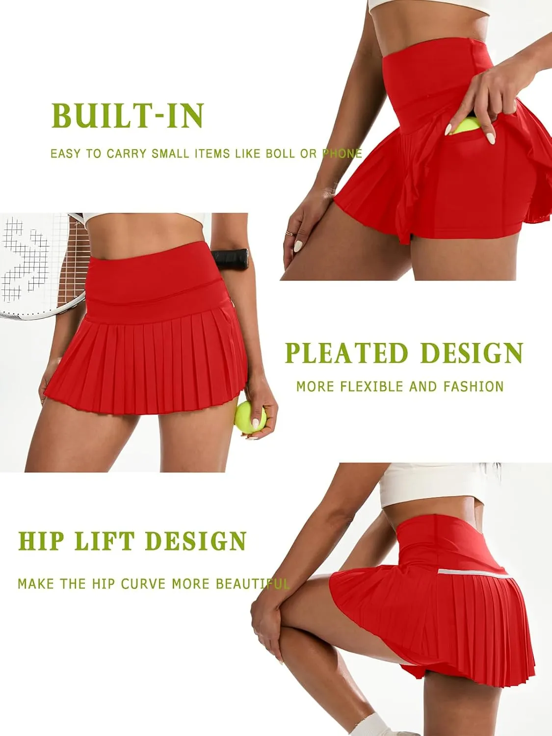 Women's Pleated Tennis Skirt, High Waisted Athletic Mini Skort with Shorts