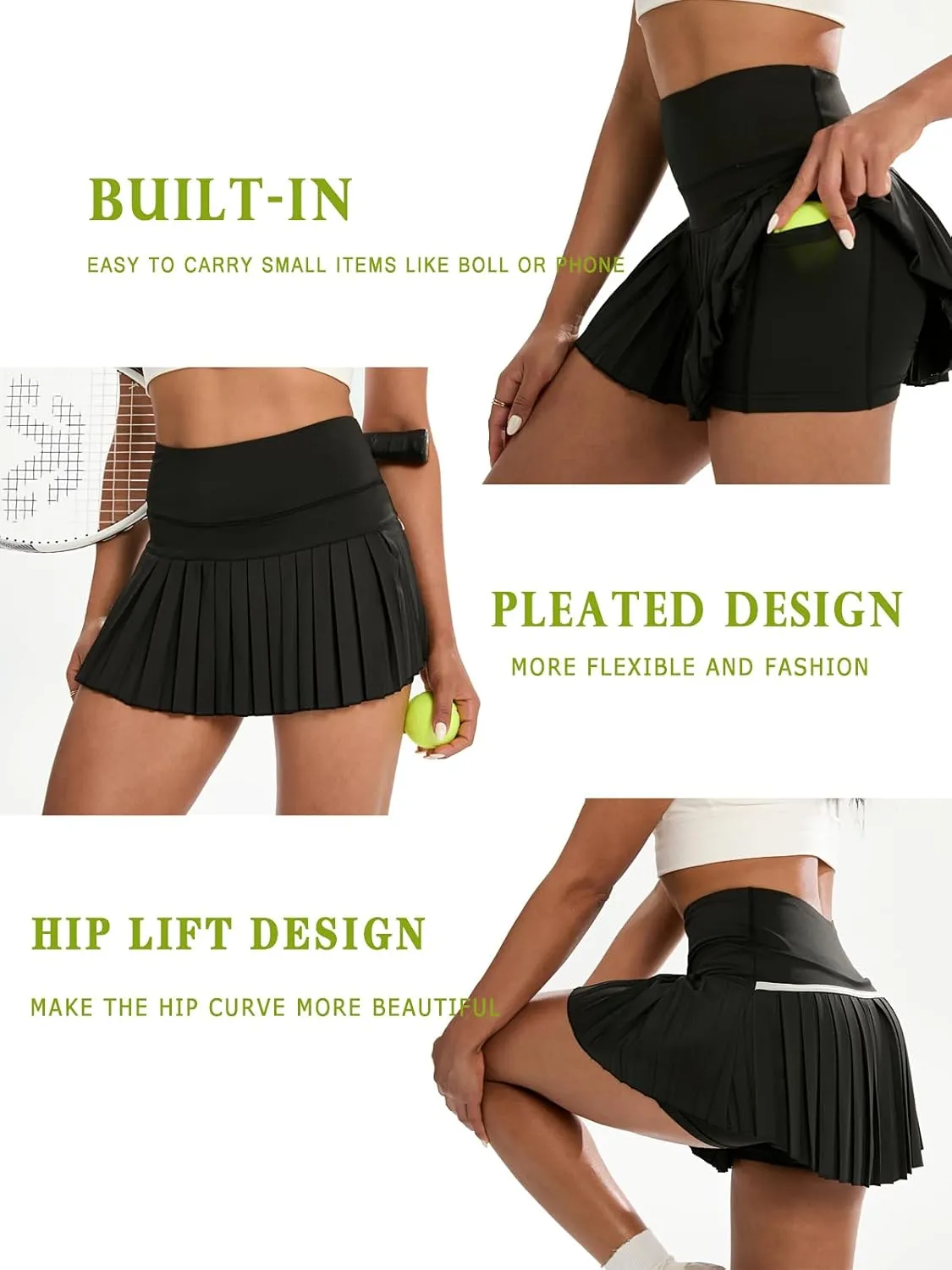Women's Pleated Tennis Skirt, High Waisted Athletic Mini Skort with Shorts
