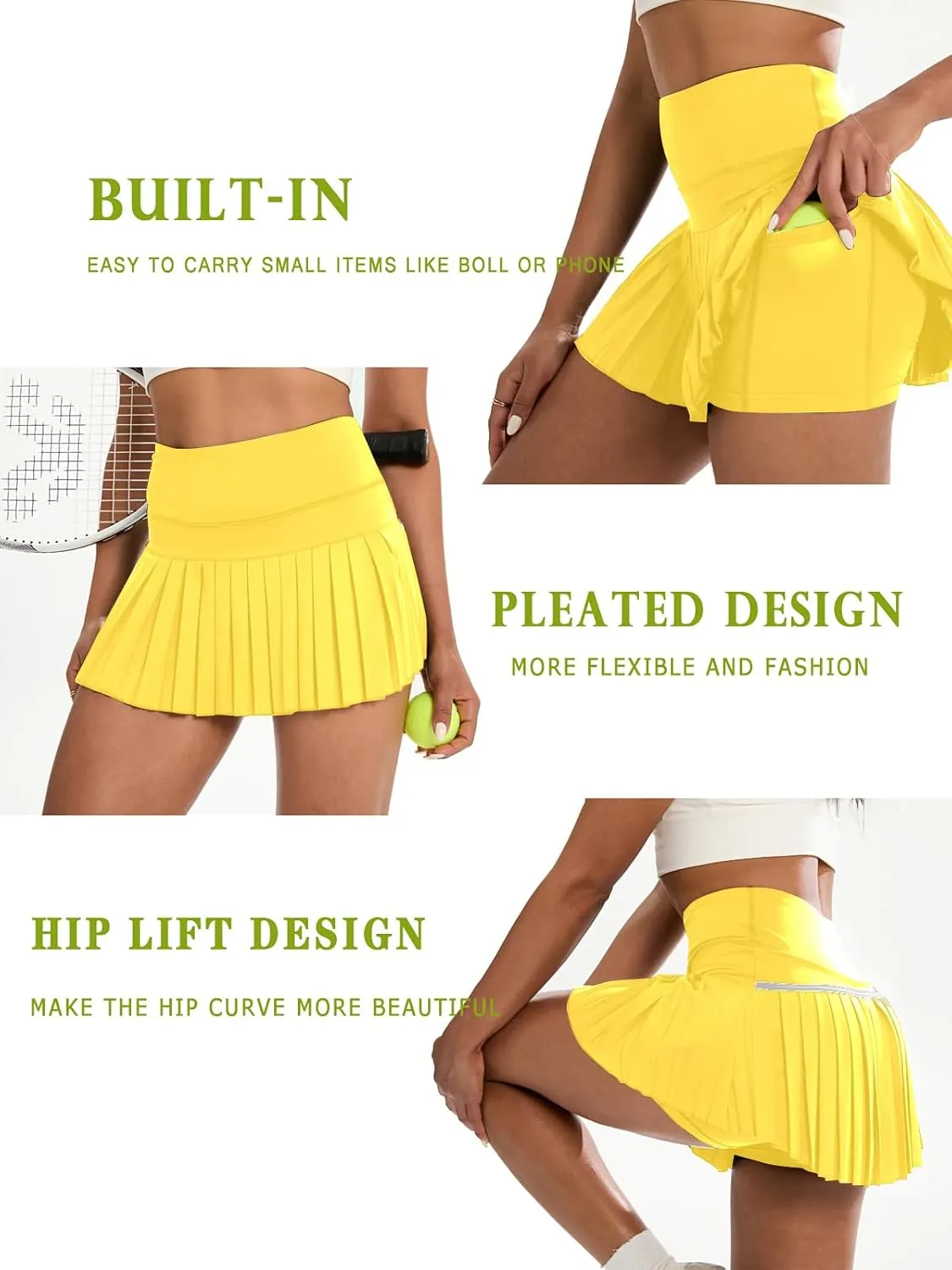 Women's Pleated Tennis Skirt, High Waisted Athletic Mini Skort with Shorts