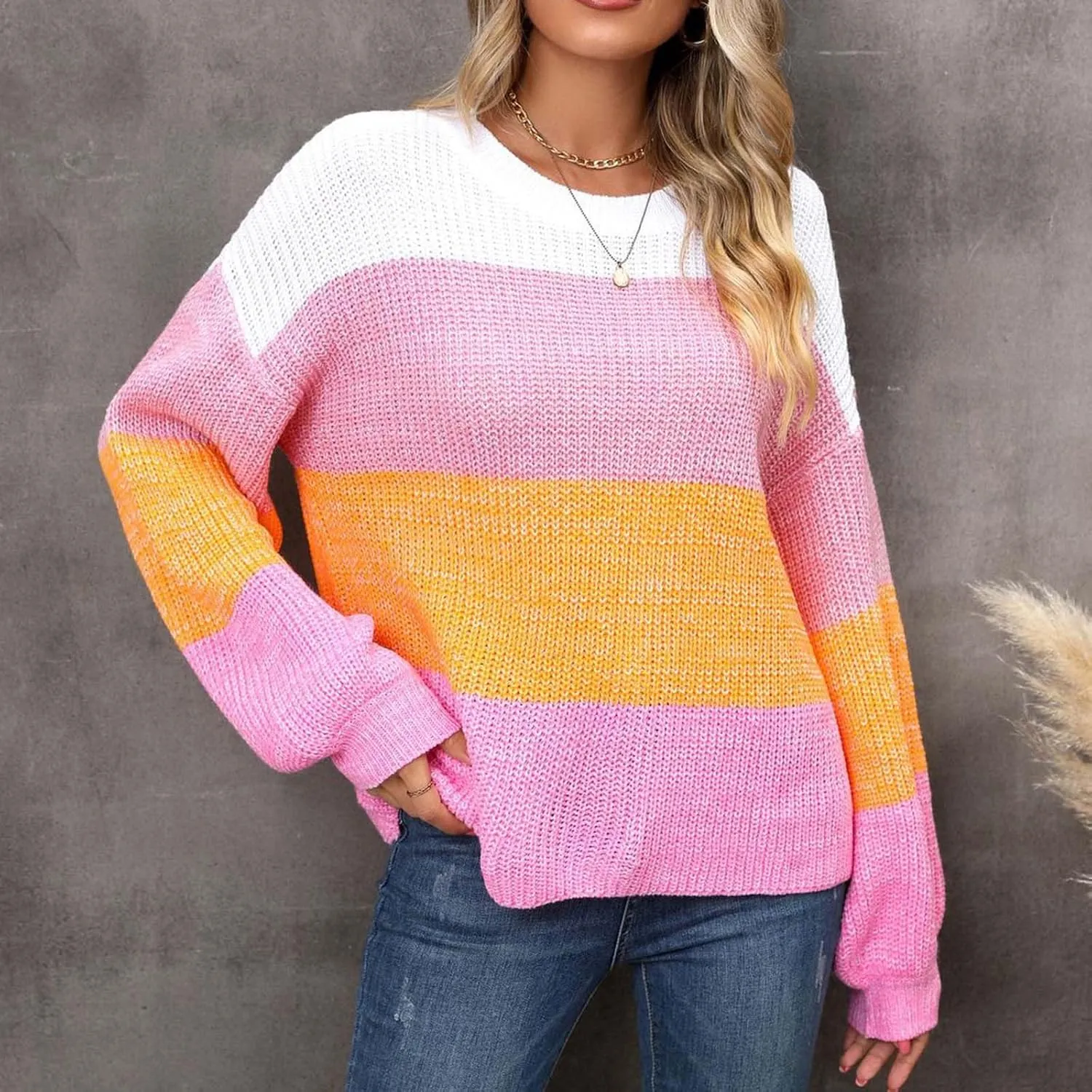 Women's Plus Size Sweater Fashion Splicing Color Block Round Neck Pullover Lazy Oversized Long Sleeve Knit Tops