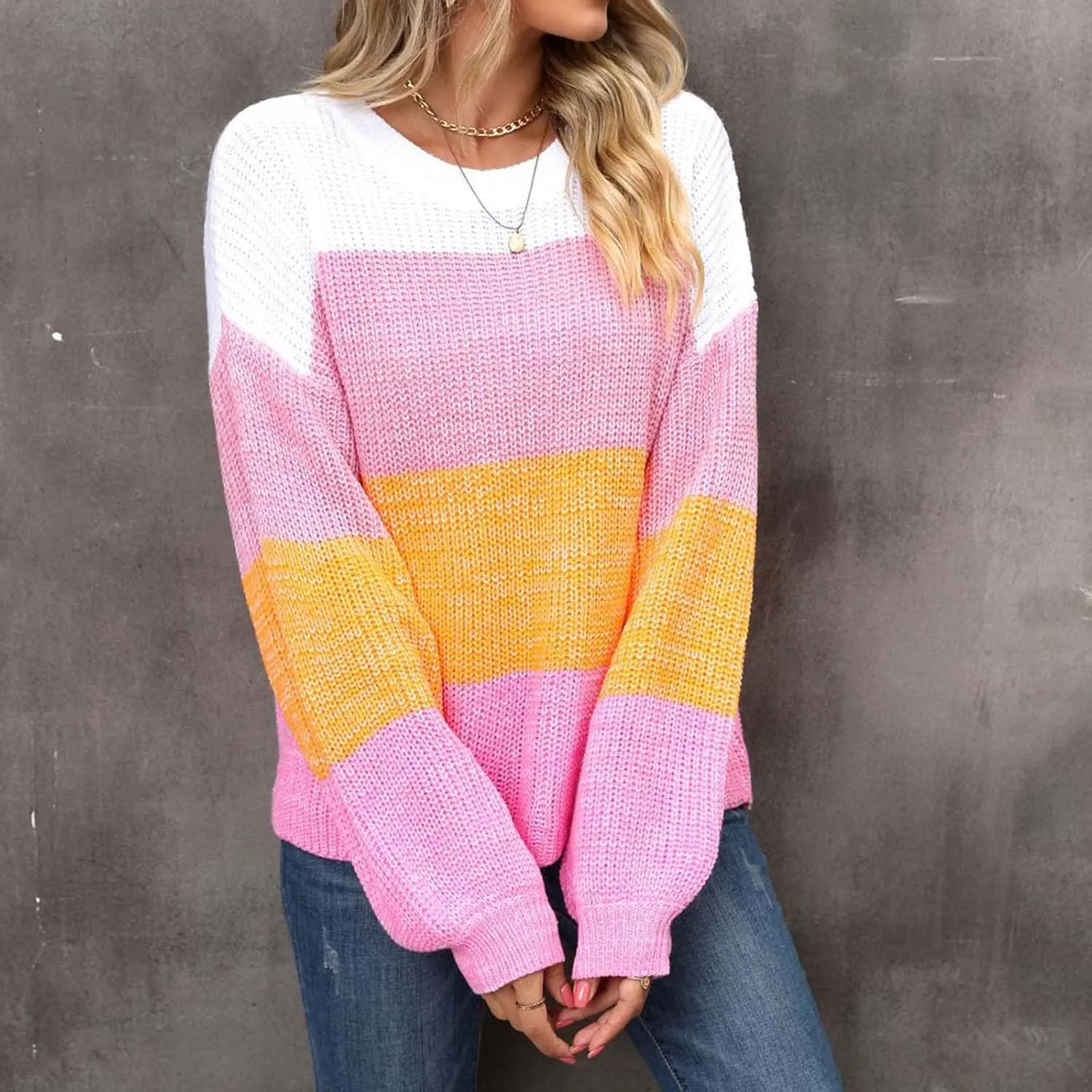 Women's Plus Size Sweater Fashion Splicing Color Block Round Neck Pullover Lazy Oversized Long Sleeve Knit Tops