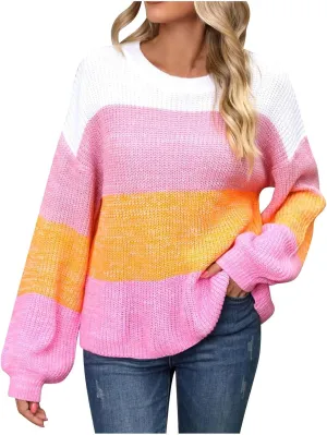 Women's Plus Size Sweater Fashion Splicing Color Block Round Neck Pullover Lazy Oversized Long Sleeve Knit Tops