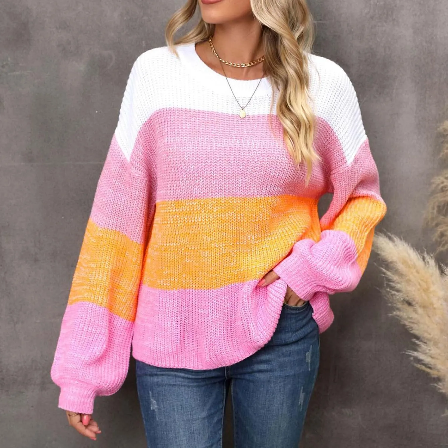 Women's Plus Size Sweater Fashion Splicing Color Block Round Neck Pullover Lazy Oversized Long Sleeve Knit Tops