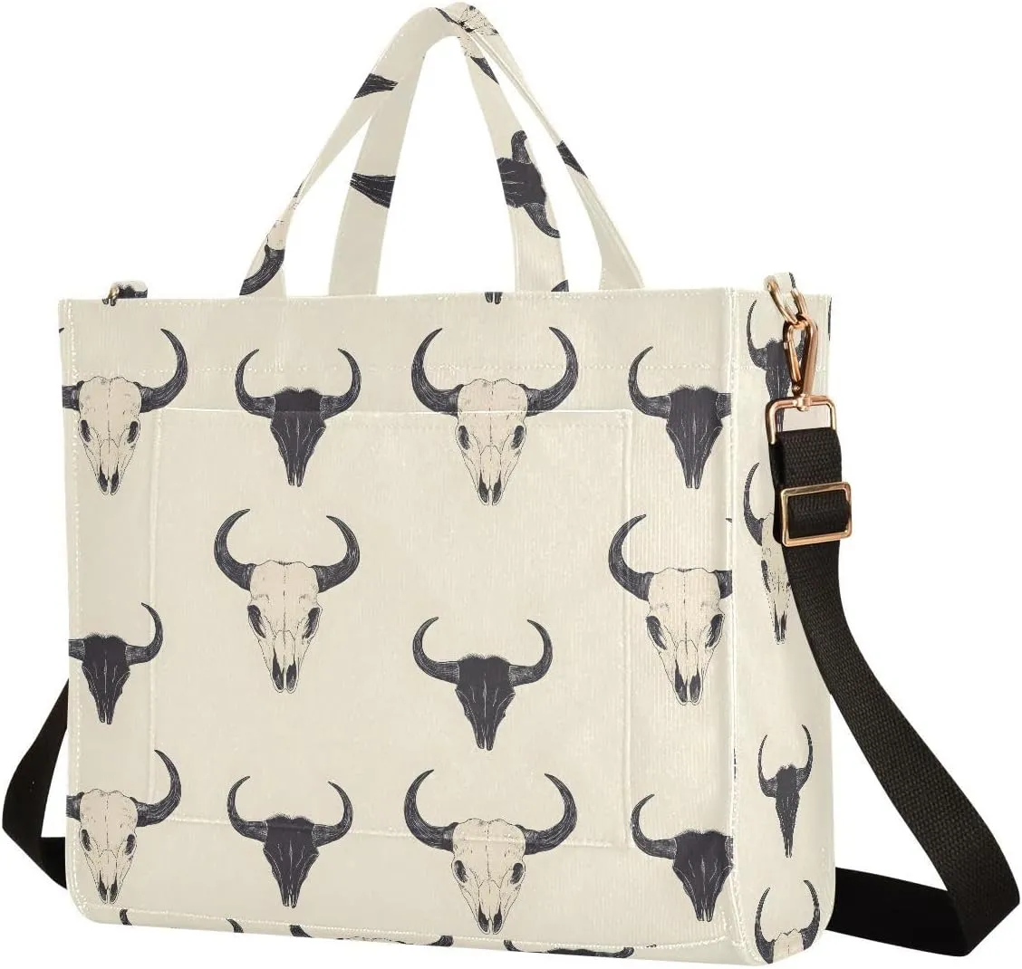 Women's Shoulder Handbags Black White Bison Skull Print, Corduroy Tote Bag Large Capacity Small Size
