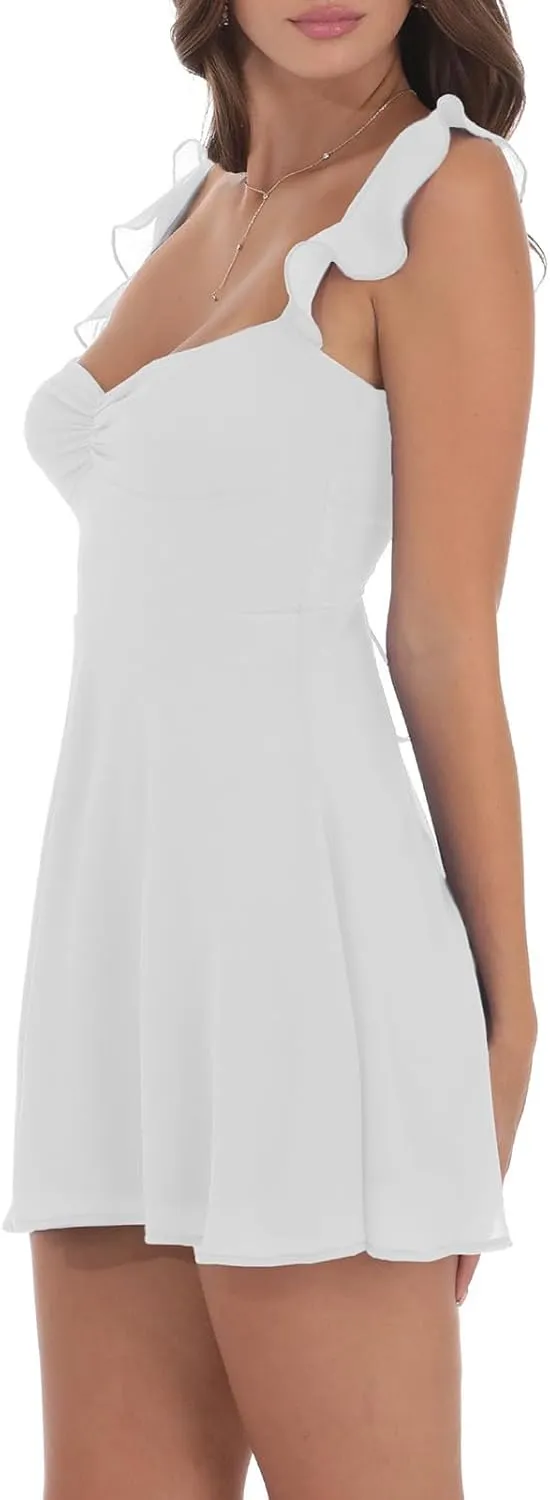 Womens Sleeveless Mini Dress Y2k Going Out Streetwear Casual Sleeveless Corset Ruffle Hem Lace Trim Short Dresses