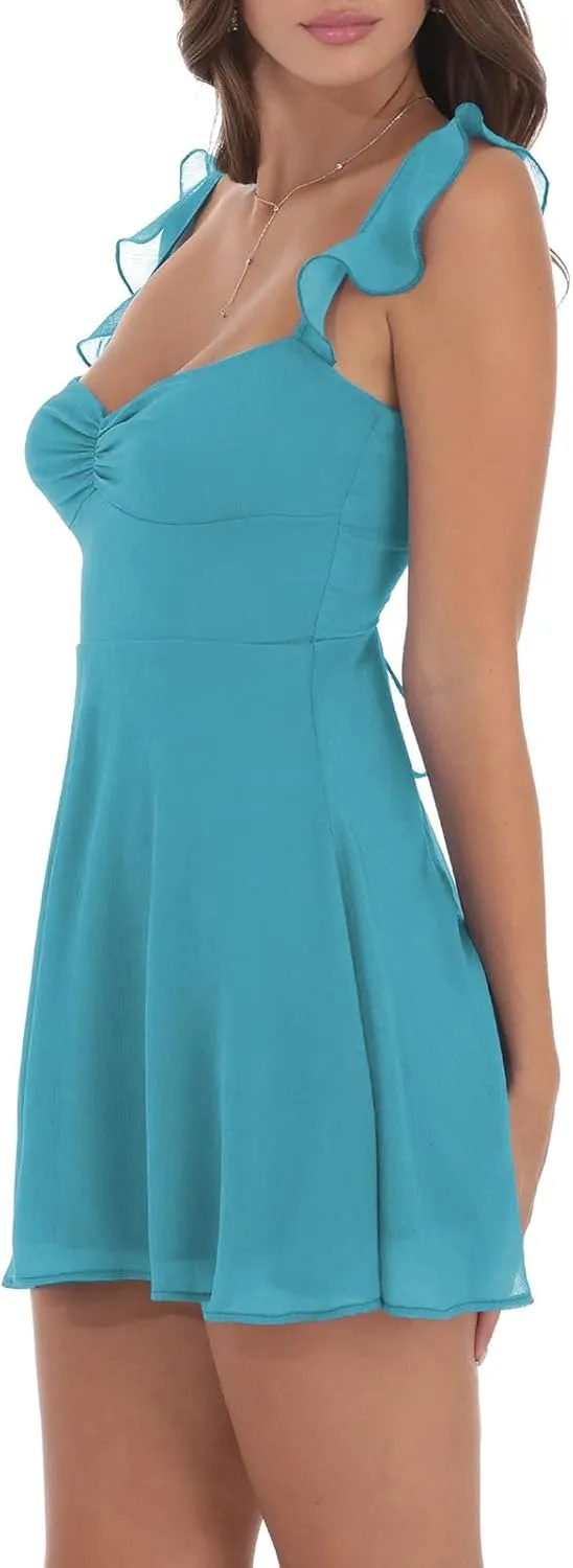 Womens Sleeveless Mini Dress Y2k Going Out Streetwear Casual Sleeveless Corset Ruffle Hem Lace Trim Short Dresses