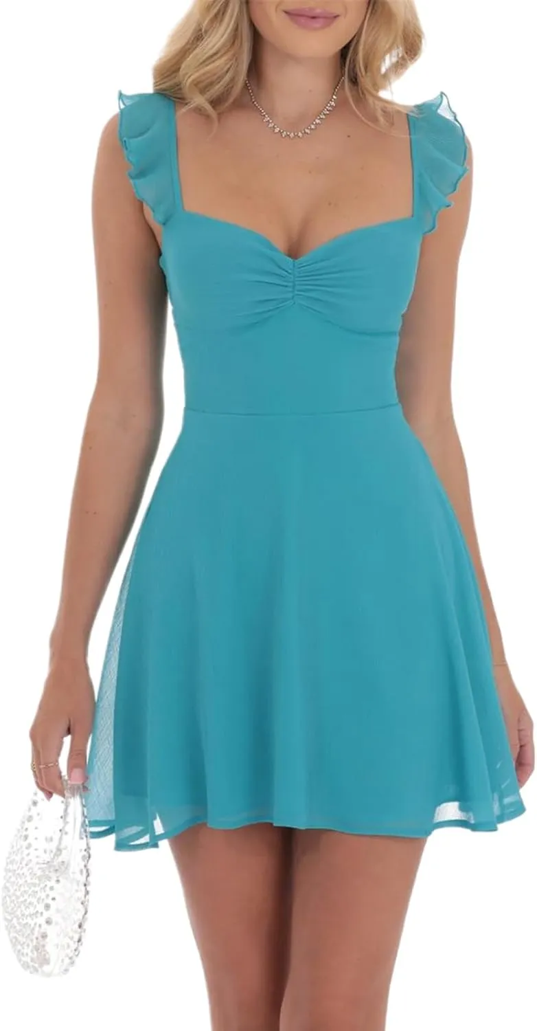 Womens Sleeveless Mini Dress Y2k Going Out Streetwear Casual Sleeveless Corset Ruffle Hem Lace Trim Short Dresses
