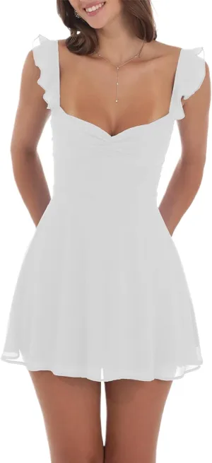 Womens Sleeveless Mini Dress Y2k Going Out Streetwear Casual Sleeveless Corset Ruffle Hem Lace Trim Short Dresses