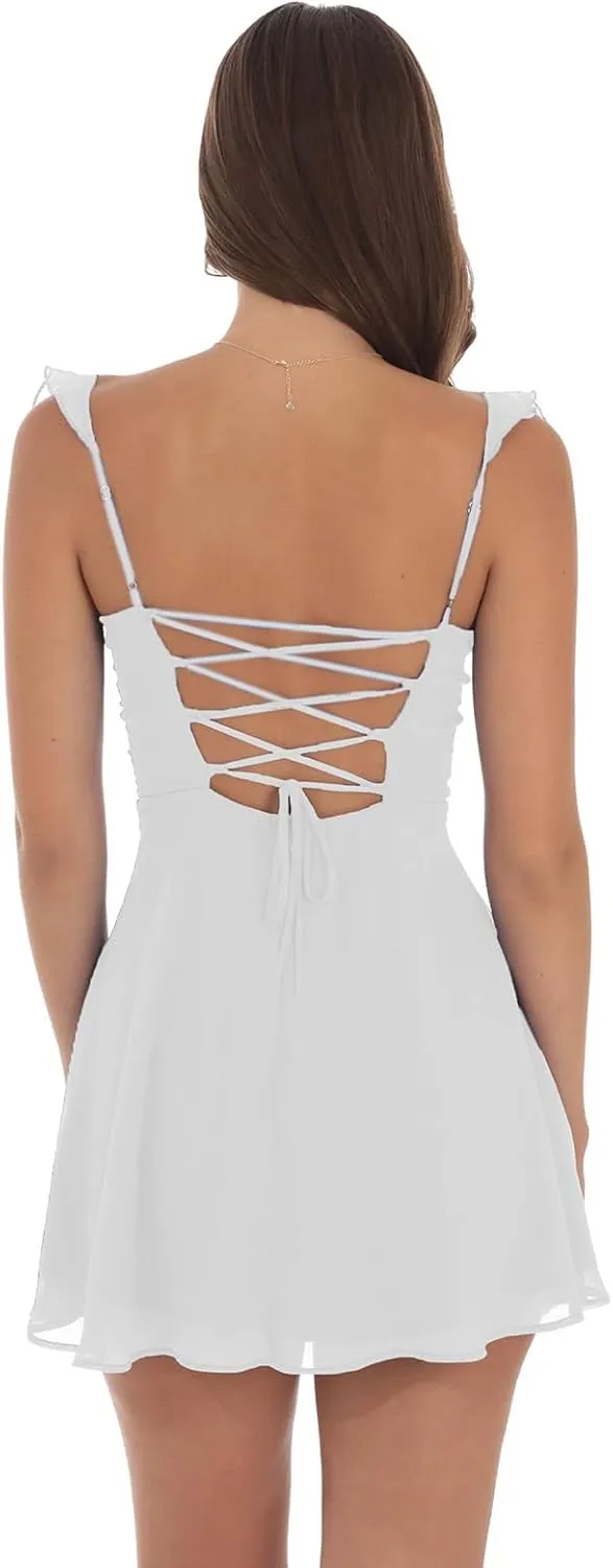 Womens Sleeveless Mini Dress Y2k Going Out Streetwear Casual Sleeveless Corset Ruffle Hem Lace Trim Short Dresses