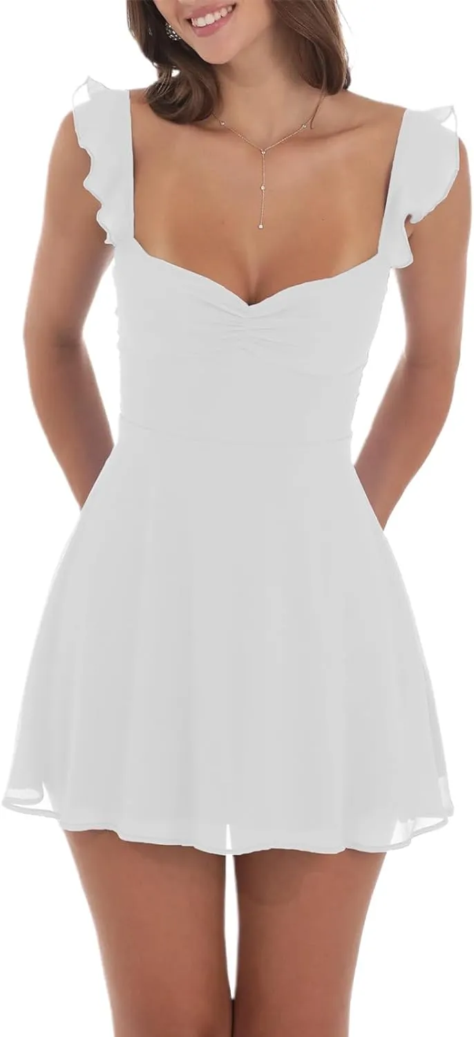 Womens Sleeveless Mini Dress Y2k Going Out Streetwear Casual Sleeveless Corset Ruffle Hem Lace Trim Short Dresses