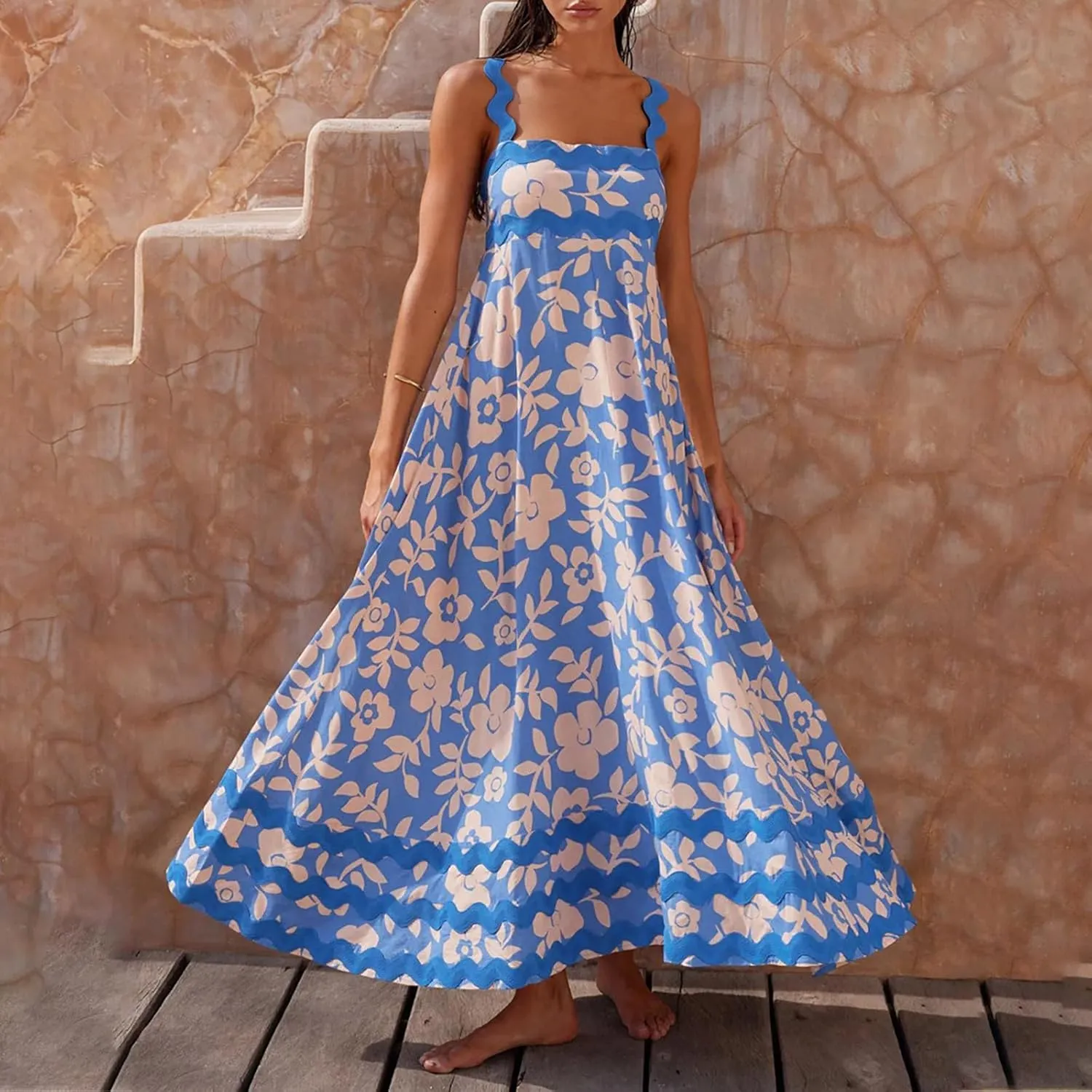 Womens Spaghetti Strap Sleeveless Rickrack Trim Dress Summer Casual Comfy A-Line Maxi Dress Vocation Flowy Long Dress
