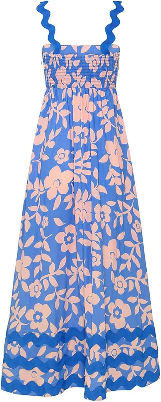 Womens Spaghetti Strap Sleeveless Rickrack Trim Dress Summer Casual Comfy A-Line Maxi Dress Vocation Flowy Long Dress