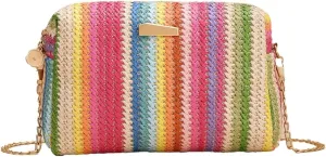 Women’s Straw Tote Bag Rainbow Striped Casual Beach Shoulder Bag Summer Vacation Straw Crossbody Bag Purse 2024