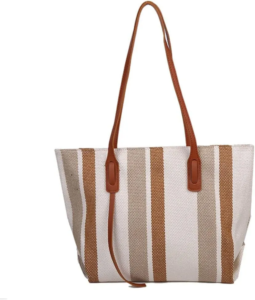 Women's Striped Canvas Tote Handbag Large Shoulder Bags Hobo Bag Daily Working Handbag Purse, White